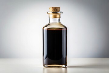 Glass bottle of dark liquid with gold top isolated on white background