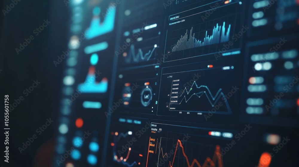Aufkleber Detailed interface with data visualization icons, charts, and timeline on a softly blurred background, sleek analytics look