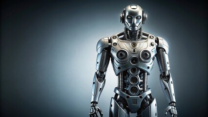 A sleek and modern design concept featuring a futuristic-looking robot with metallic limbs and gears on a gray background, metallic limbs, technological innovation