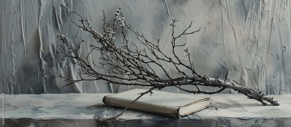 Poster dried branch with notebook on a gray backdrop showcasing a serene composition with ample copy space 