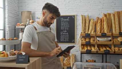 Young man using a tablet in a bakery shop surrounded by a variety of bread and pastries, standing...
