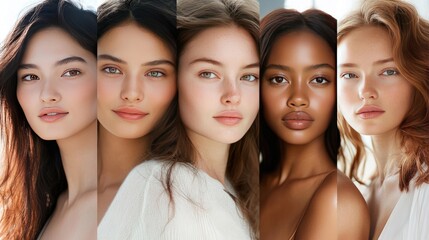 Fototapeta premium Diverse group of women showcasing natural, glowing skin in a radiant setting.