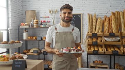 Young man with beard smiling, holding a plate of pastries in a bakery filled with bread and desserts.