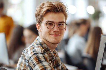 A young man in glasses and a checkered shirt sits confidently at a computer in a lively office, conveying a sense of satisfaction, modernity, and tech-savvy productivity.