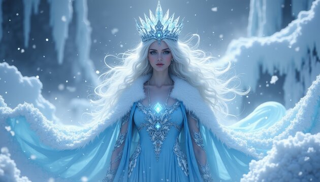 Majestic ice queen with a sparkling crown and flowing gown in a snowy landscape