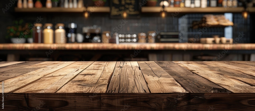 Poster foreground showcases an empty wooden table with a clipping path in the background for a copy space i