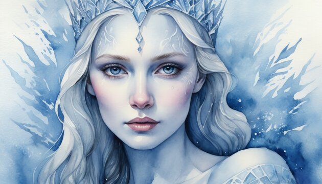 Watercolor illustration of an ice queen with a crown and blue tones