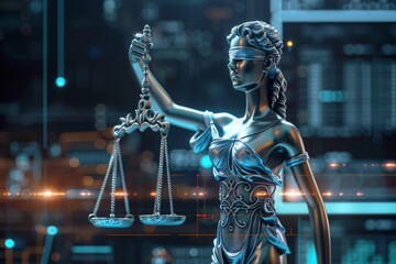 Scales of justice held by the statue of Lady Justice, showh in a modern AI concept, representing legal issues considering AI, AI and digital technology challenges with legal compliance.