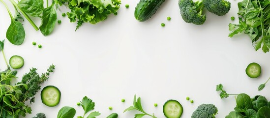 Top view of green veggies on white background with copy space image embracing healthy eating vegan lifestyle