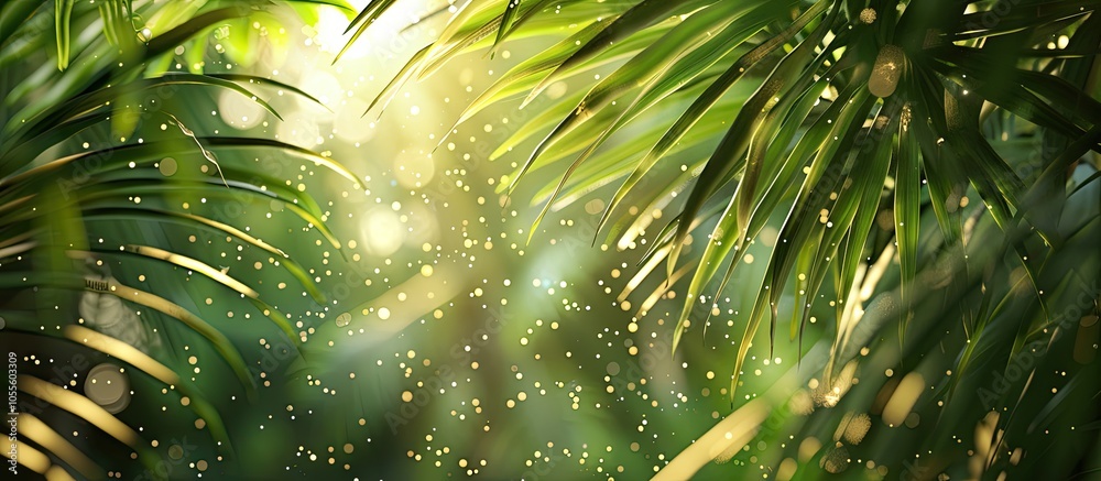 Wall mural coconut leaves shimmering with dew creating a serene ambiance in the copy space image