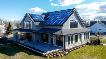 Obraz premium Residential solar panels with blue photovoltaic cells, clean energy solution on a sunny day -