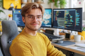 A young man smiles while working at his desk, surrounded by multiple computer screens displaying colorful code. He wears a cozy yellow sweater and sits in a modern office filled with plants and sunlig