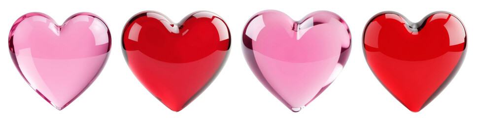 Set of glass pink and red hearts isolated on the background. Heart clipart on a transparent background. Generative AI.