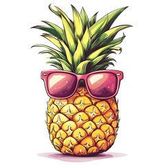 Cartoon pineapple with sunglasses on a white background.