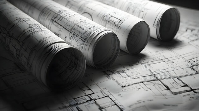 Rolls of architectural blueprints, symbolizing construction plans, design, and project documentation   -