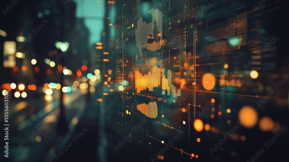 Poster Interface with graphs, interactive timeline, and icons, blurred backdrop, digital analytics concept with modern style