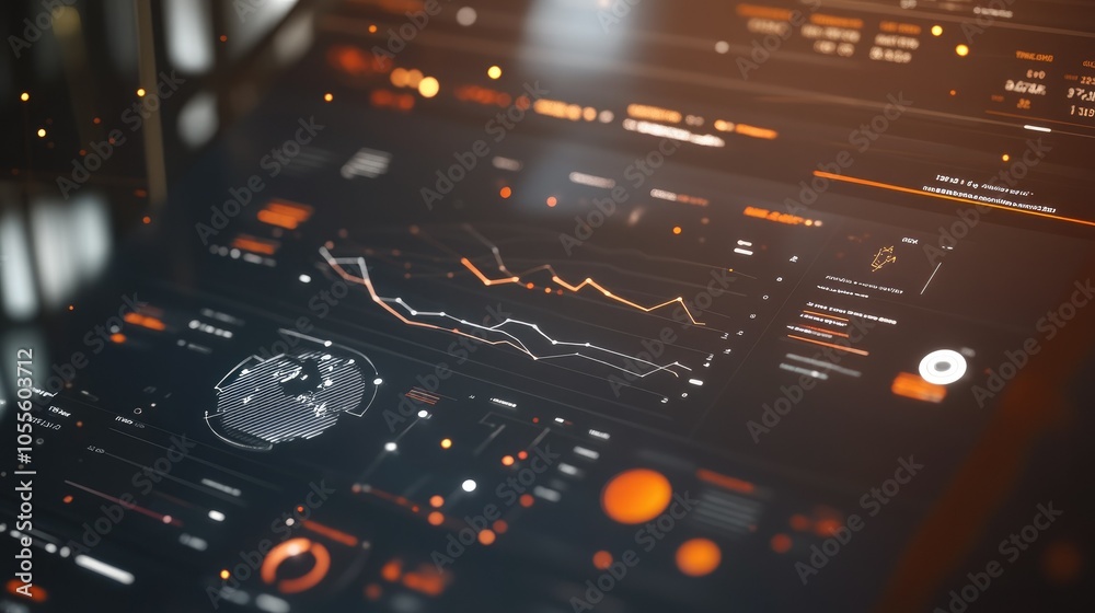 Poster Interface with graphs, interactive timeline, and icons, blurred backdrop, digital analytics concept with modern style