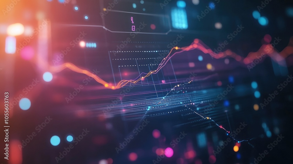 Poster interface with graphs, interactive timeline, and icons, blurred backdrop, digital analytics concept 