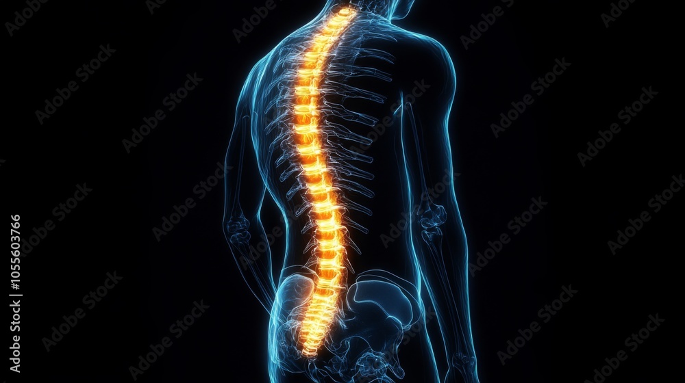 Poster a detailed representation of the human spine glows in bright orange, showcasing the vertebrae's stru