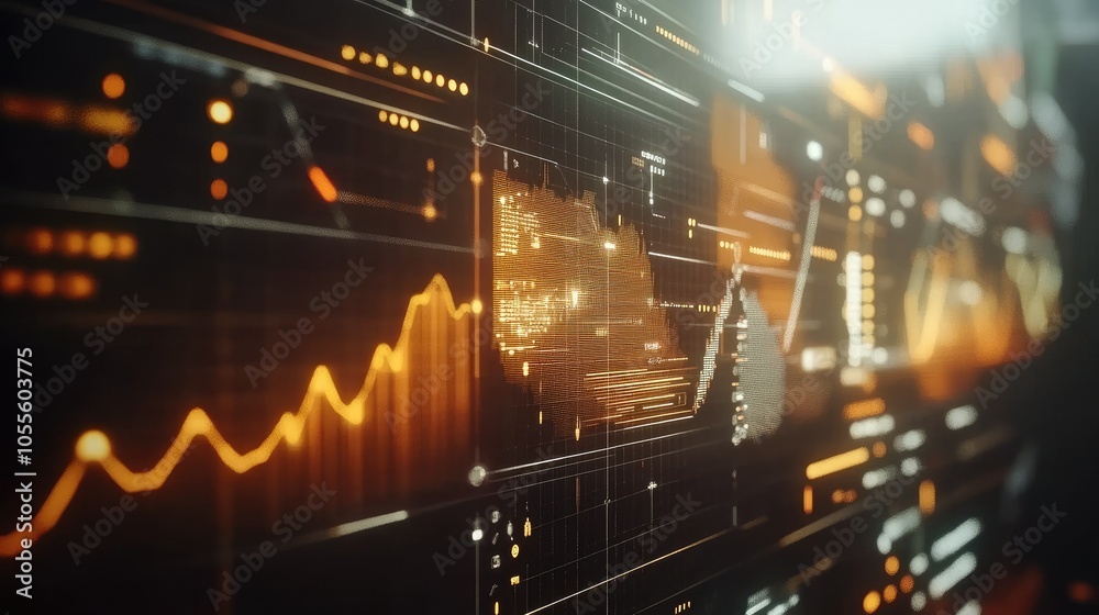 Poster interface with graphs, interactive timeline, and icons, blurred backdrop, digital analytics concept 