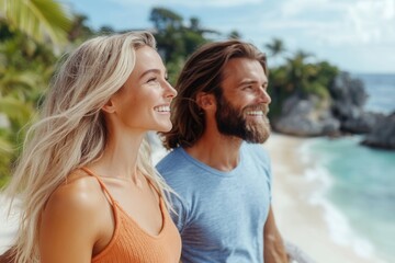 A couple stands on the beach, smiling and looking out at the beautiful ocean scene before them. The vibrant sun illuminates their faces, showcasing their happiness amidst palm trees and soft sandy sho
