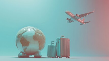 Light 3D holiday concept with a globe, airplane, and suitcase representing global travel adventures.