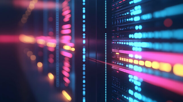 Rows of servers in a data center, cloud computing, and storage network technology concept   -