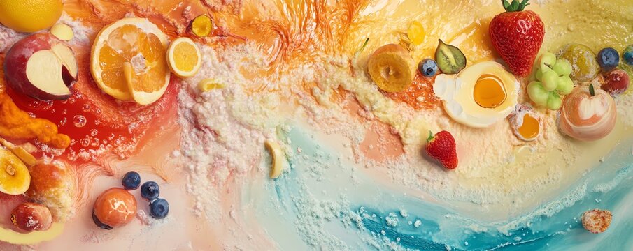 Aerial view of a colorful desert landscape transformed into a culinary wonderland, surreal fruits and dishes floating above, watercolor splash effects, vibrant and dreamlike tones