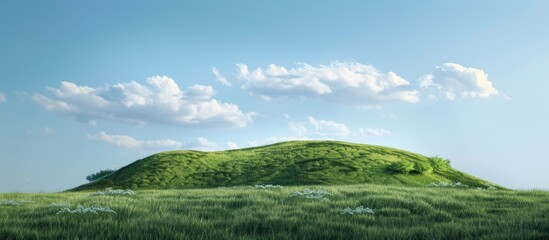 The hill is masked by clouds drifting across it obscuring the clear blue sky leaving a picturesque...