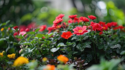 Red Flowers Blooming In The Garden Flowerbed