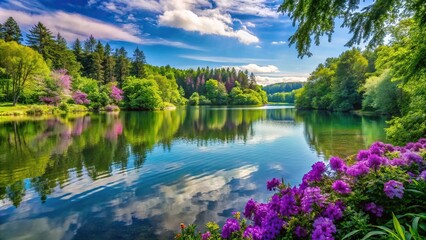 Fototapeta premium A stunning, crystal-clear lake surrounded by lush green trees and vibrant purple flowers in the foreground, calmness, ripples, landscape, tree