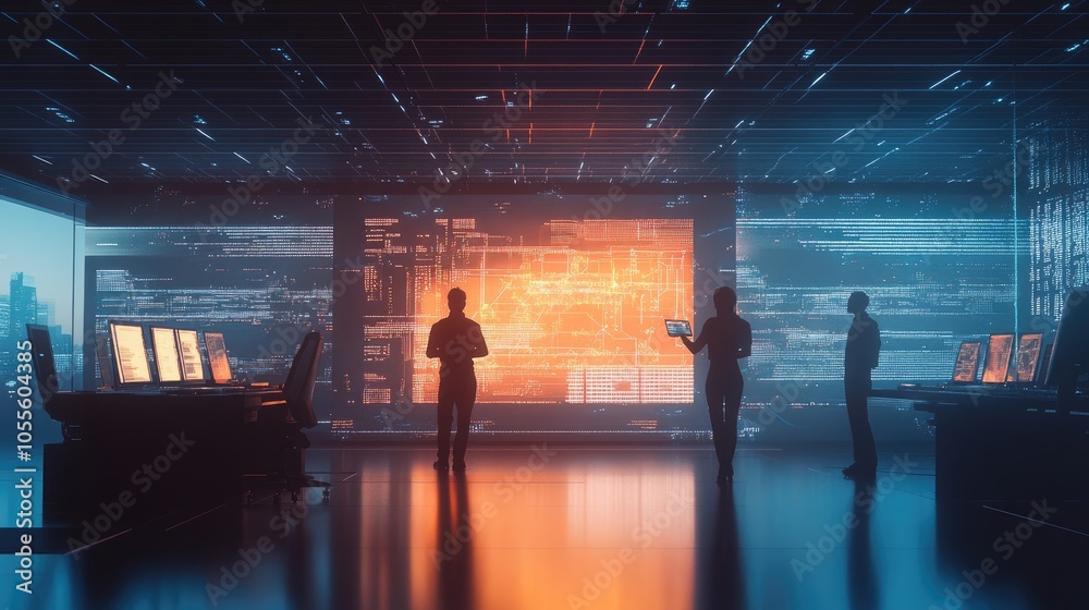 Poster engineers analyzing data on advanced screens in a tech lab.