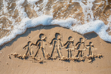 Fototapeta premium Photo of drawn stick family on the sand with waves in water, beach background, top view.