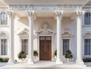 Fototapeta premium Elegant classical building entrance with tall columns, ornate carvings, and grand wooden doors, exuding timeless sophistication and architectural beauty.