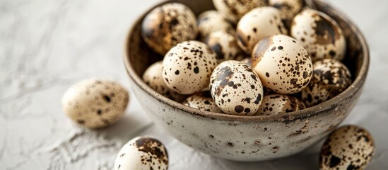 Obraz premium Portion Of Quail Eggs As Detailed Close Up Shot Selective Focus