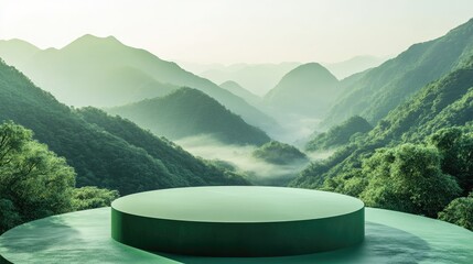 Minimalist green podium with scenic aerial view, natural landscape backdrop, ideal for organic product displays.