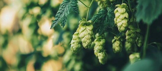 Green Hop Cones Hang From The Branches Ingredients For Beer Production Selective Focus To The Foreground
