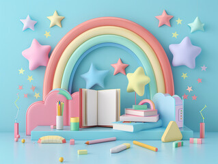 A charming logo featuring books, pencils, and stars in soft pastel colors with a rainbow backdrop, evoking warmth and curiosity. Perfect for kids' education brands, schools, and learning apps.