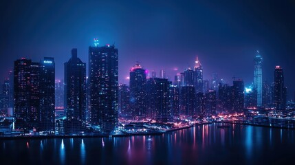 Fototapeta premium Stunning city skyline at night with neon lights reflecting on the water, highlighting urban architecture and vibrant nightlife.
