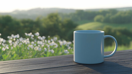 Serene coffee mug on a wooden table, set against a green landscape, relaxing ambiance   -