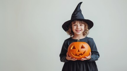Fototapeta premium Small child dressed in witch costume with pumpkin in Halloween.