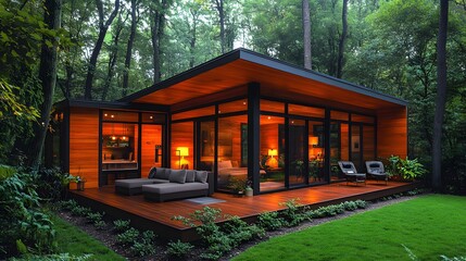 Simple yet elegant garden house with large windows that overlook beautiful plants and a relaxing outdoor sitting area