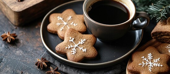 Fototapeta premium Homemade Ginger Bread Cookies Biscuits Served With Black Coffee Healthy Breakfast Table