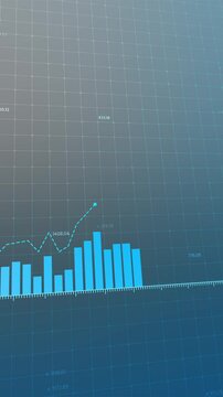 Dynamic digital animation of financial trends, increasing profit graphs, decreasing loss statistics, blue bars and lines, cryptocurrency trading overview, business growth presentation. Copy space.