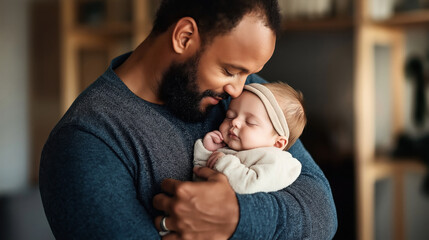 Close-up of a man with a beard affectionately holding a sleeping baby in a cozy indoor setting