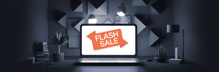 A laptop with a bright orange  FLASH SALE  banner on a dark grey desk with minimalist decor  conveying a sense of urgency and excitement for online shopping   
