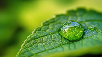 Water droplet resting on a vibrant green leaf
