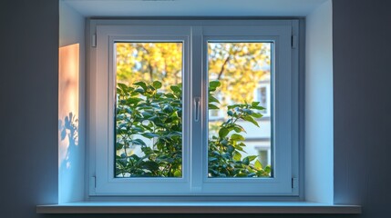 Fototapeta premium Open white PVC window featuring a ventilation fixing device illuminated by natural light Horizontal composition