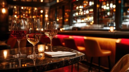 Obraz premium Sophisticated Wine Glasses in a Cozy Opulent Bar Atmosphere