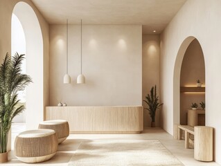 Neutral broken white walls with wooden furniture and simple decor in a minimalist reception area for a clean, soft aesthetic